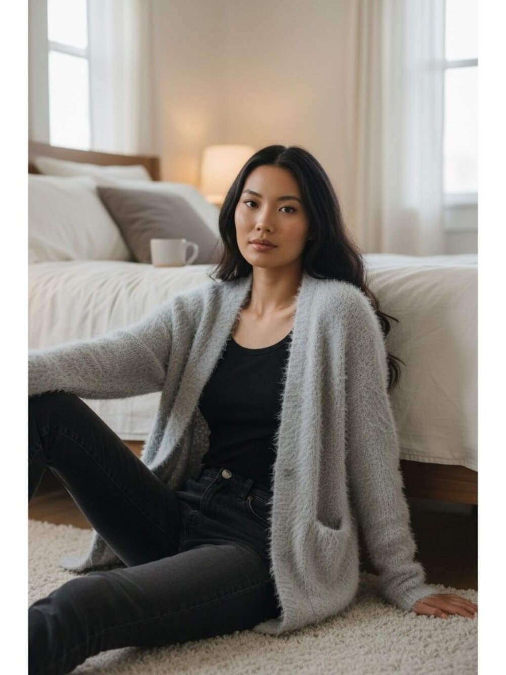 Free People Gray Fuzzy Eyelash Knit Open Front Cardigan Sweater Womens XS Cozy